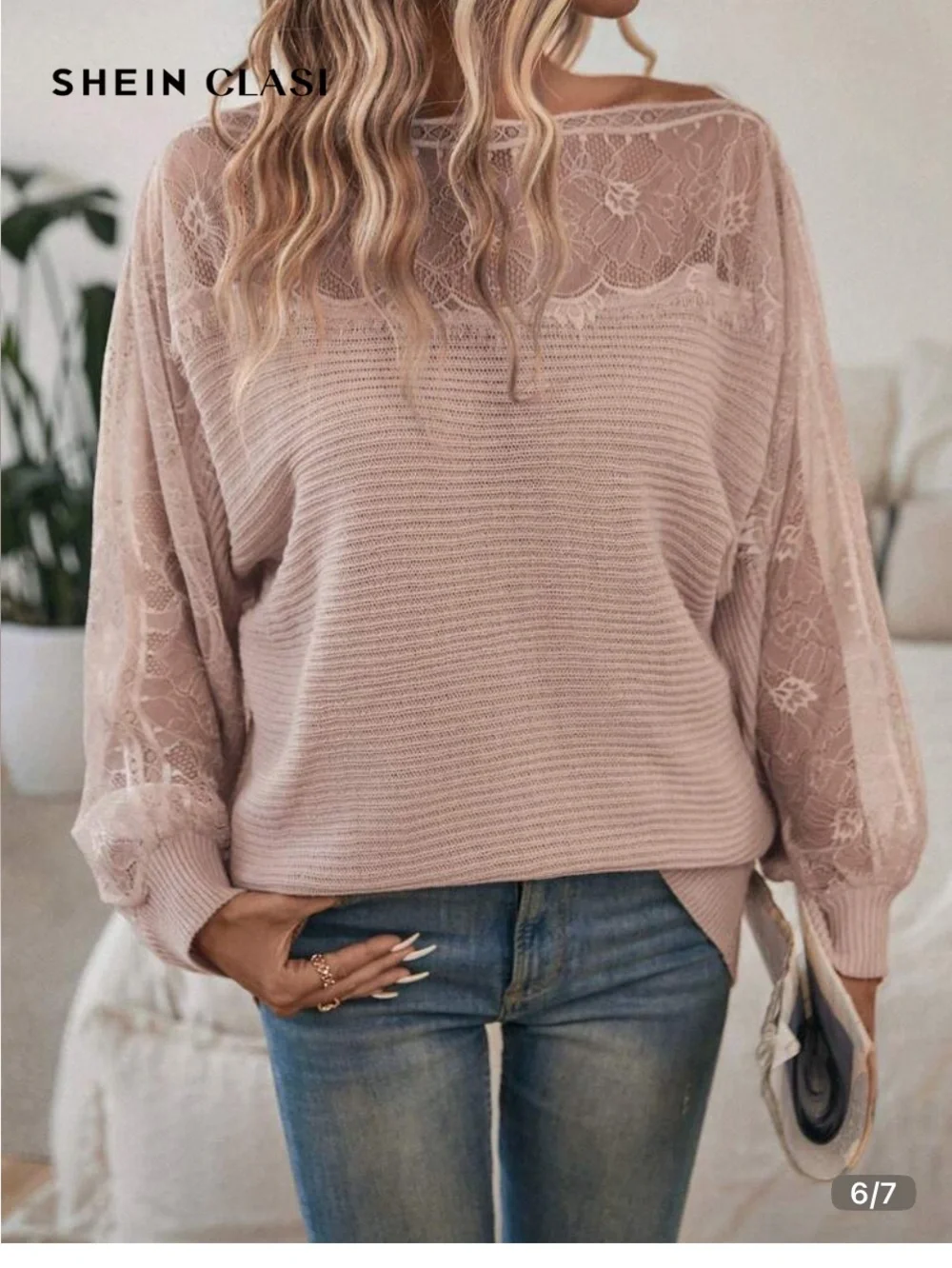 SHEIN Blush Pink Lace Off-Shoulder Sweater
